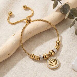 18K Gold Plated Tree of Life Slider Bracelet Stainless Steel Boho Gift